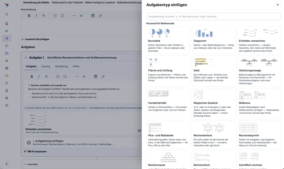 Screenshot SchulDialogPlus: Seitenleiste „Aufgabentyp einfügen“ mit Suchfeld und Karten für Mathematik – Bruchbild, Diagramm, Einheiten umrechnen, Fläche und Umfang, Geld, Gleichungswaage, Hundertertafel, Magisches Quadrat, Malkreuz, Plus- und Maltabelle, Rechendreieck, Rechenlabyrinth und Rechenmauer