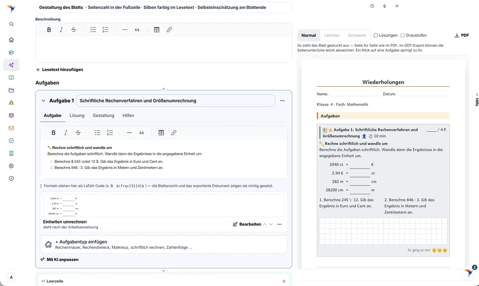 Screenshot SchulDialogPlus: Links der Editor einer Mathematik-Aufgabe mit dem eingefügten Aufgabentyp „Einheiten umrechnen“, rechts die Blattansicht des Arbeitsblatts „Wiederholungen“ für Klasse 4 mit Umrechnungsaufgaben, Karofläche und Smileys zur Selbsteinschätzung