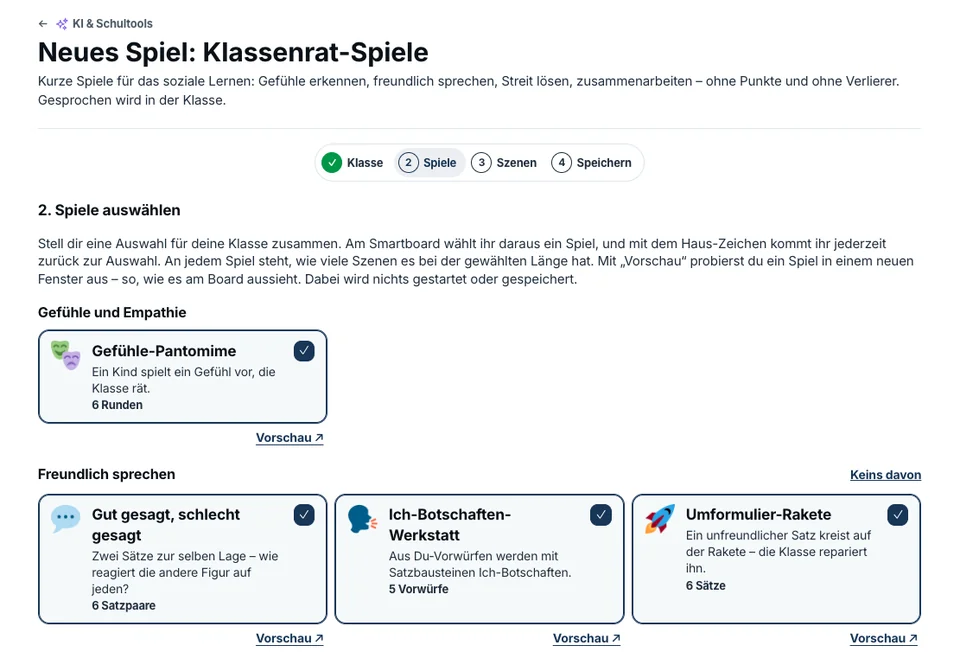 Screenshot SchulDialogPlus: Schritt 2 „Spiele auswählen“ der Einrichtung „Neues Spiel: Klassenrat-Spiele“ mit den Bereichen „Gefühle und Empathie“ (Gefühle-Pantomime, 6 Runden) und „Freundlich sprechen“ (Gut gesagt, schlecht gesagt; Ich-Botschaften-Werkstatt; Umformulier-Rakete), jeweils mit Häkchen und dem Link „Vorschau“