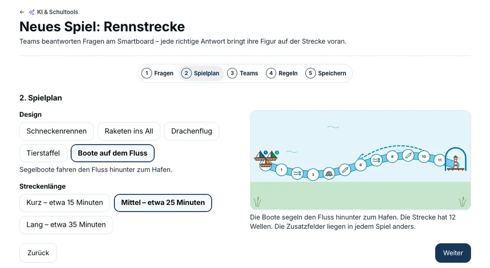 Screenshot SchulDialogPlus: Schritt 2 „Spielplan“ der Einrichtung „Neues Spiel: Rennstrecke“ mit den Designs Schneckenrennen, Raketen ins All, Drachenflug, Tierstaffel und Boote auf dem Fluss, der Streckenlänge kurz, mittel oder lang und einer Vorschau des Flusses mit Segelbooten und Leuchtturm